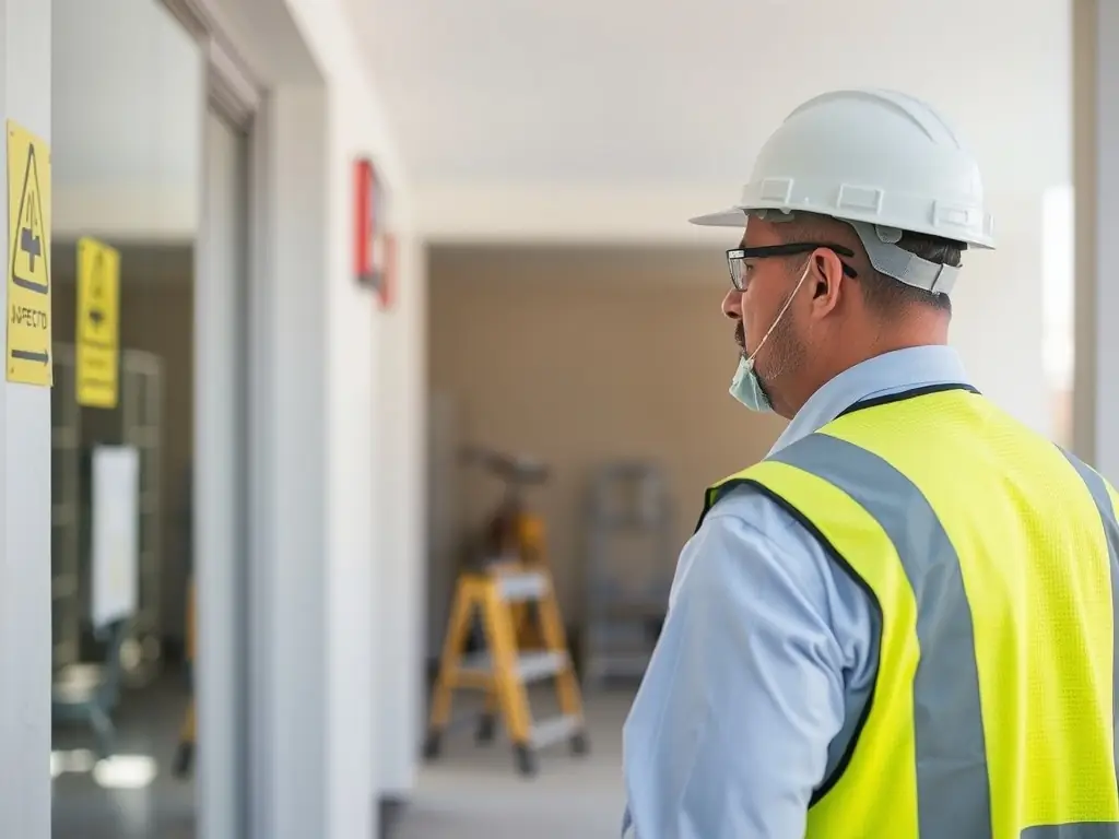 An image showing a building inspector examining the structural integrity of a building, emphasizing the importance of building supervisions in property management.